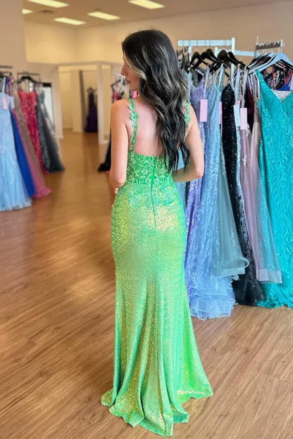 AerbaDress Mermaid Evening Dress V Neck Green Sequin Mermaid Long Prom Dresses Cute