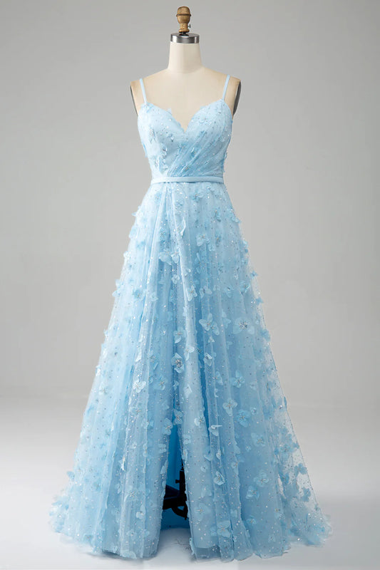 AerbaDress Sky Blue A Line Spaghetti Straps Sparkly Beaded Prom Dress with 3D Butterflies