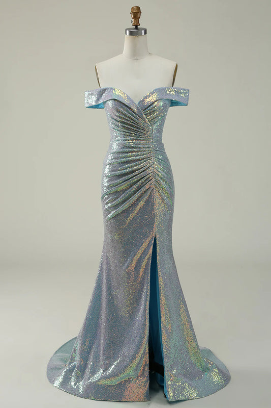 AerbaDress Mermaid Blue Sparkly Off the Shoulder Prom Dress With Slit