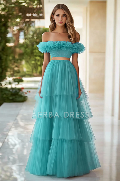 AERBA DRESS Formal Wear Dresses A Line Off The Shoulder Pleated Tulle Tiers High Quality Long Prom Dress