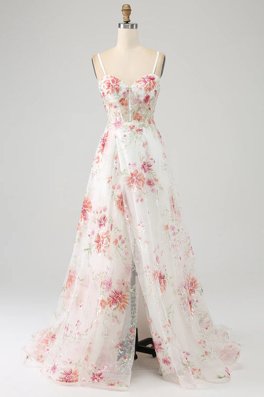 AerbaDress Ivory Flower Embroidered Long Corset Prom Dress with Slit