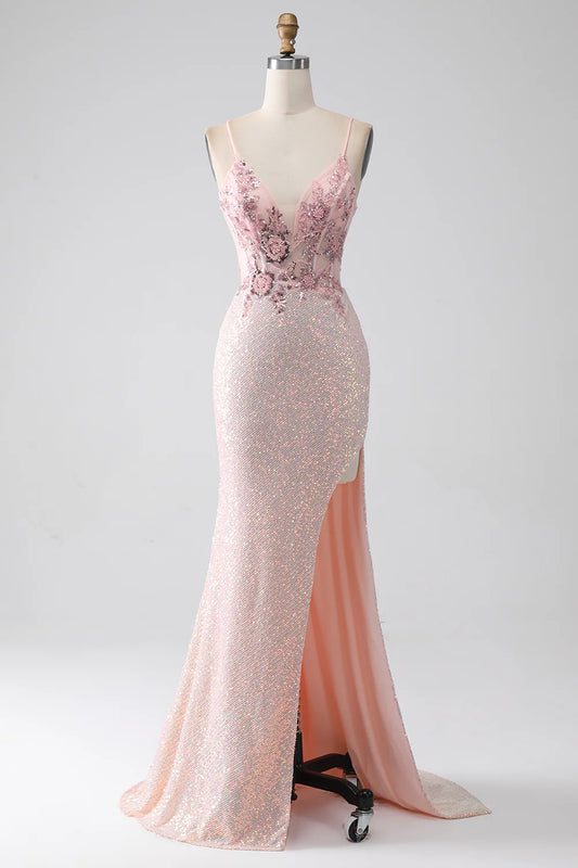 AerbaDress Glitter Pink Beaded Mermaid Prom Dress with Slit
