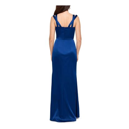 AerbaDress Elegant Womens Blue Slitted Double-strap Satin Sweetheart Neckline Full-Length Evening Dress