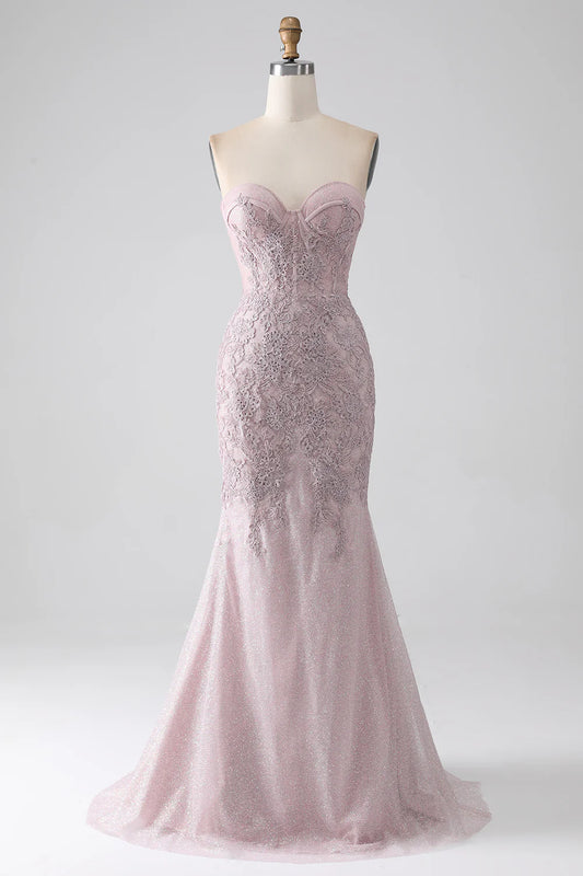 AerbaDress Sparkly Blush Strapless Mermaid Corset Prom Dress with Appliques