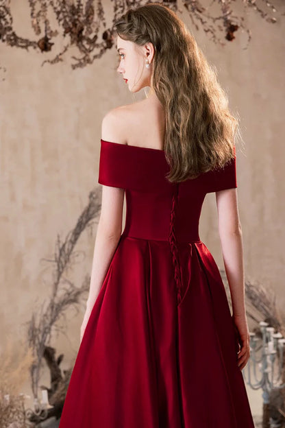 Burgundy Satin A-Line Off the Shoulder Sleeveless Ruched Hem Elegant Long Prom Dresses Formal Graduation Dress Evening Dresses