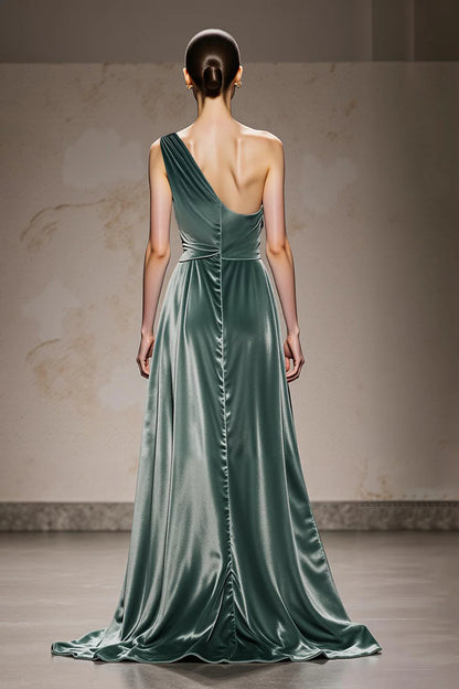 Mint Green Velvet A Line One Shoulder Pleated Backless with Slit Fashion Long Formal Dress Hot Sale Evening Dress