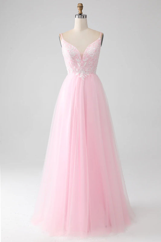 AerbaDress Light Pink A-Line Spaghetti Straps Prom Dress with Beading