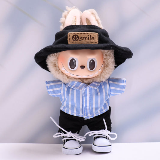 Handmade Labubu set can be paired with Labubu V1 Macaron and V2 seat blue striped shirt black shorts set+hat+canvas shoes (excluding dolls)