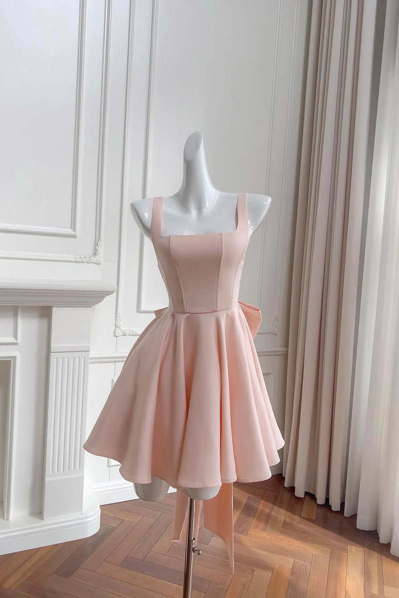 Cute Blush A-Line Square Neck Sleeveless Backless with Bow Ruched Hem Elegant Short Prom Dresses Formal Graduation Evening Dresses