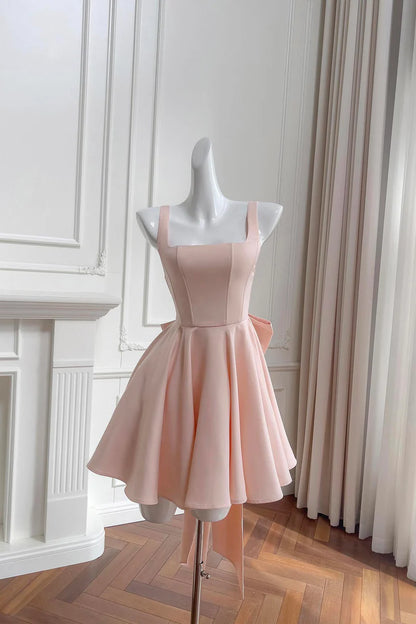 Cute Blush A-Line Square Neck Sleeveless Backless with Bow Ruched Hem Elegant Short Prom Dresses Formal Graduation Evening Dresses