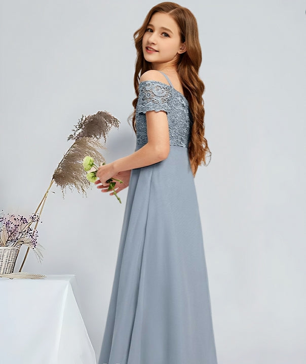 Girls' Formal Dress Exquisite A-line Cold Shoulder Floor-Length Chiffon Lace Wedding Guest Communion Dress Hot Sale Junior Bridesmaid Dress