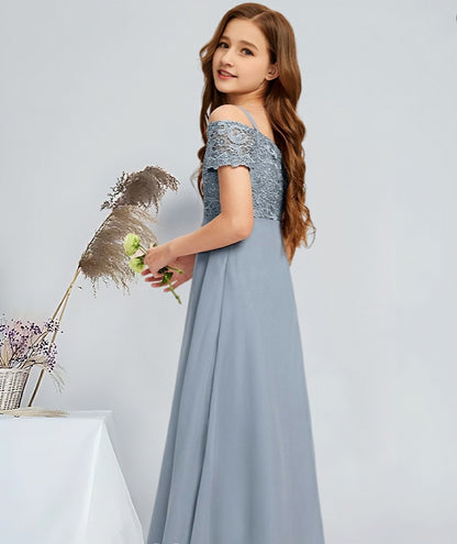 Girls' Formal Dress Exquisite A-line Cold Shoulder Floor-Length Chiffon Lace Wedding Guest Communion Dress Hot Sale Junior Bridesmaid Dress