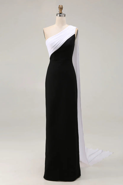 Black White Satin Sheath One Shoulder with Side Cape Pleated Fashion Long Formal Dress Hot Sale Evening Dress