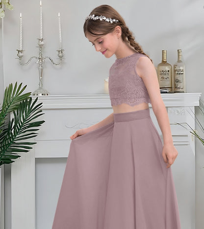Girls' Formal Dress Elegant A-line Scoop Sleeveless 2 Pcs Floor-Length Chiffon Lace Weddings Hot Sale Junior Bridesmaid Dress