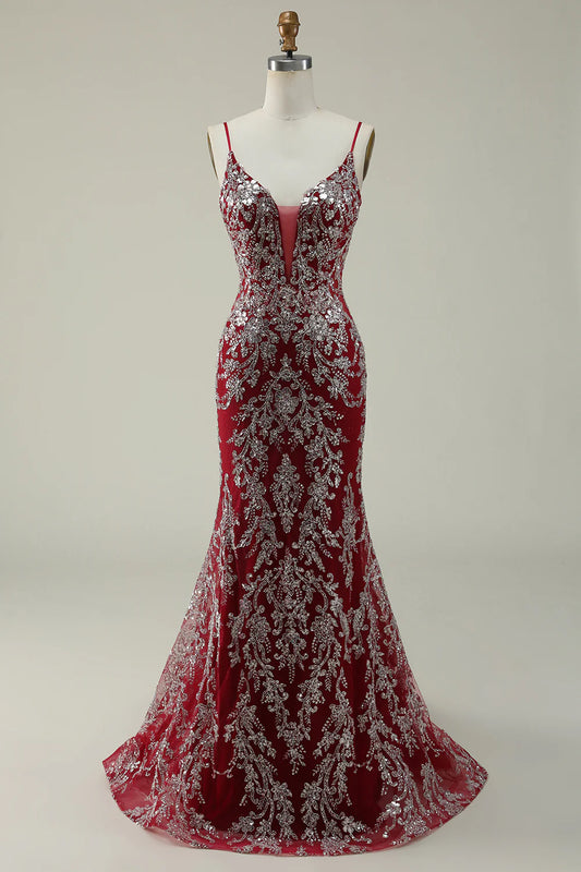 AerbaDress Mermaid Spaghetti Straps Burgundy Long Prom Dress with Bronzing