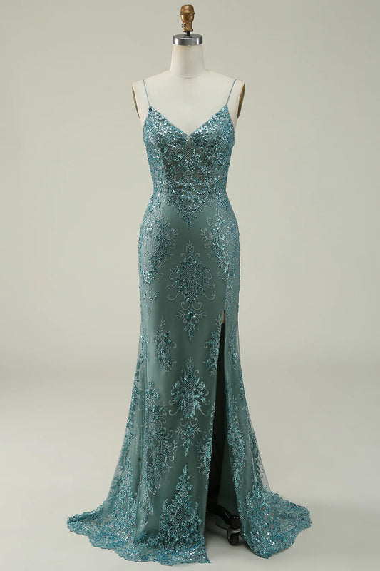 AerbaDress Mermaid Spaghetti Straps Green Long Prom Dress with Split Front