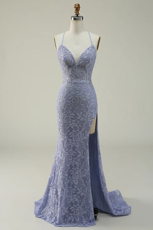 AerbaDress Halter Mermaid Purple Lace Long Prom Dress