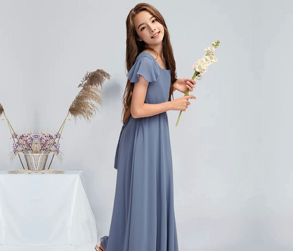 Girls' Formal Dress A-Line Square Neck Flowy Sleeve Floor-Length Chiffon Communion Dress Hot Sale Junior Bridesmaid Dress
