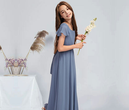 Girls' Formal Dress A-Line Square Neck Flowy Sleeve Floor-Length Chiffon Communion Dress Hot Sale Junior Bridesmaid Dress