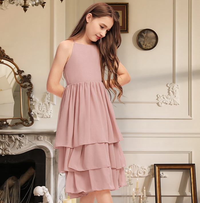 Girls' Formal Dress A-Line Scoop Backless Chiffon Cascading Ruffles Girls Party Wedding Guest Dress Hot Sale Junior Bridesmaid Dress