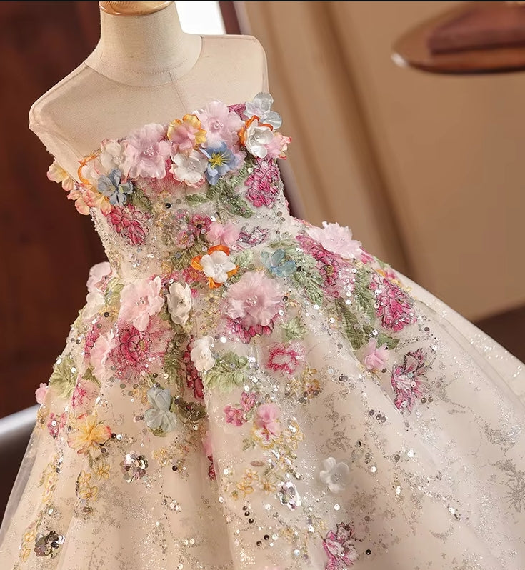 AERBA DRESS Wedding Flower Girl Dress Lace Flowers Sleeveless Princess Toddler Kids Wedding 1st Birthday Pageant Party Gown