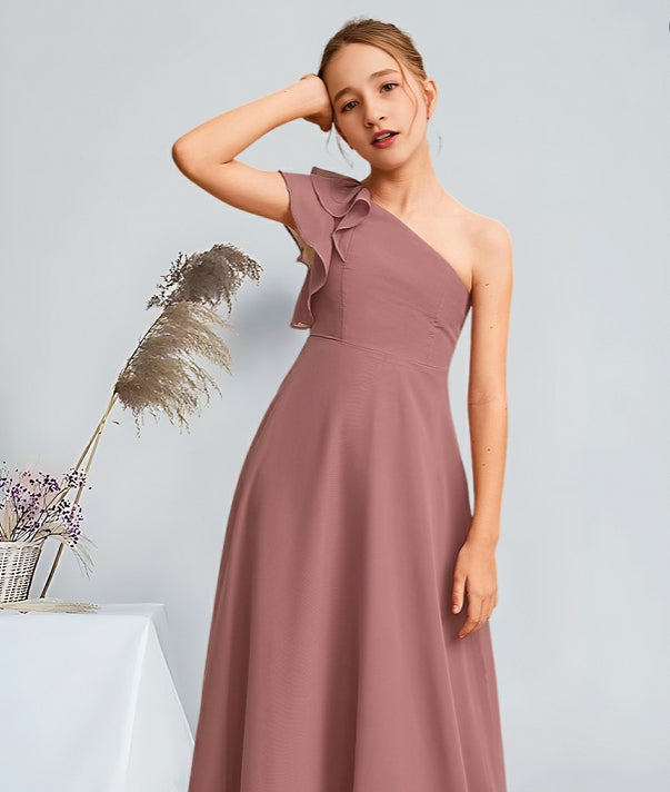 Girls' Formal Dress Elegant A-Line One Shoulder Floor-Length Stunning Party Wedding Guest Dress Hot Sale Junior Bridesmaid Dress