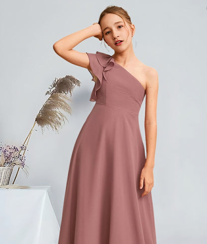 Girls' Formal Dress Elegant A-Line One Shoulder Floor-Length Stunning Party Wedding Guest Dress Hot Sale Junior Bridesmaid Dress