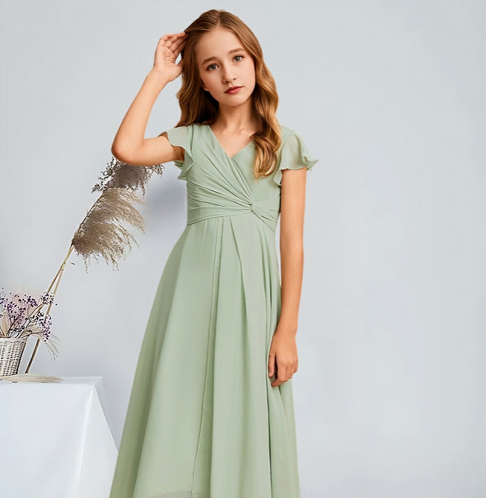Girls' Formal Dress Elegant A-Line V-Neck Asymmetrical Charming Party Wedding Guest Dress Hot Sale Junior Bridesmaid Dress