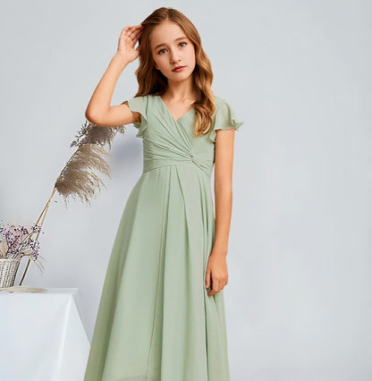 Girls' Formal Dress Elegant A-Line V-Neck Asymmetrical Charming Party Wedding Guest Dress Hot Sale Junior Bridesmaid Dress