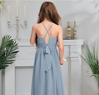 Girls' Formal Dress Graceful A Line Halter Neck Asymmetrical Ruffled Backless Simple Hot Sale Junior Bridesmaid Dress