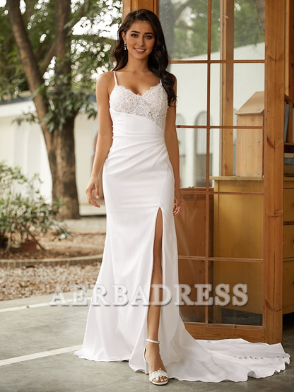 AERBA DRESS Mermaid Sheath/Column Stretch Crepe Lace V-neck Sleeveless Sweep/Brush Train Wedding Dresses Elegant Evening dress