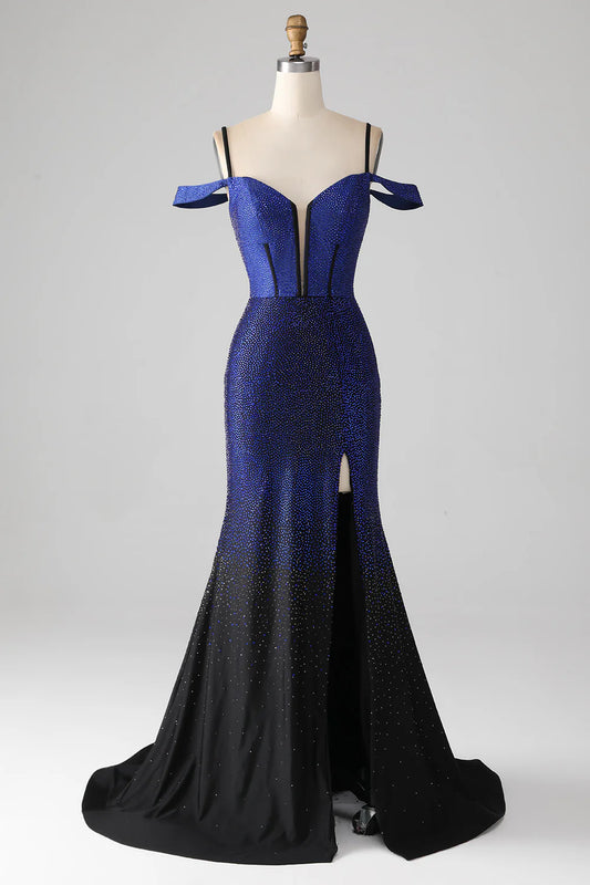 AerbaDress Sparkly Navy Mermaid Long Corset Prom Dress with Slit