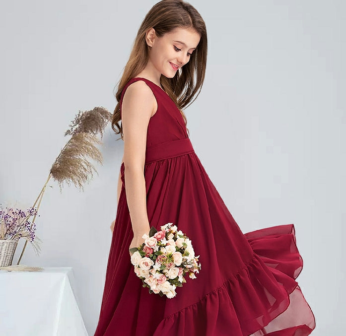 Exquisite A-line V-Neck Sleeveless Asymmetrical Chiffon Pleated Girl Party Communion Guest Dresses Junior Bridesmaid Dress