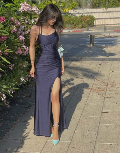 AERBA DRESS Prom Dress Satin Sheath Spaghetti Strap Sleeveless Mid Waist Backless Side Fork Sexy Charming Formal Wear Dresses