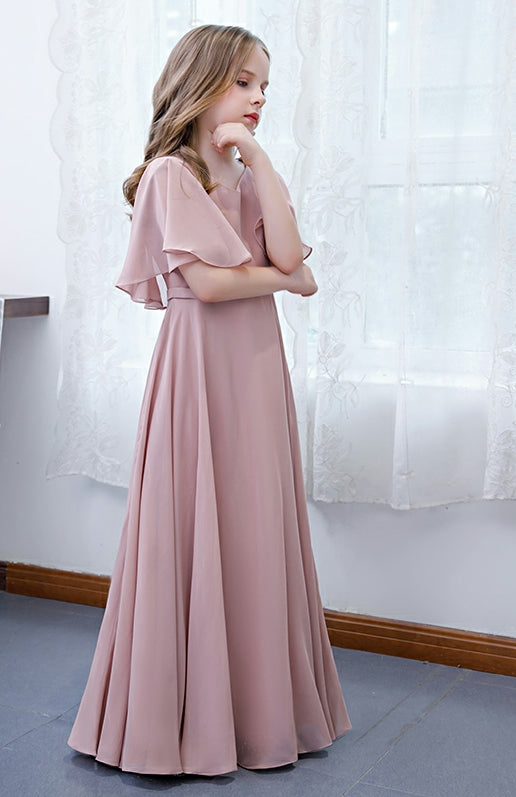 Girls' Formal Dress Elegant A Line V Neck Flowy Sleeves Long Chiffon Pleats Birthday Party Gowns Hot Sale Junior Bridesmaid Dress