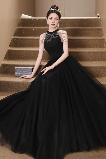 Elegant Black Tulle A-Line Halter Sleeveless Bead string Backless Beautiful Long Prom Dresses Formal Graduation Dress Evening Dresses