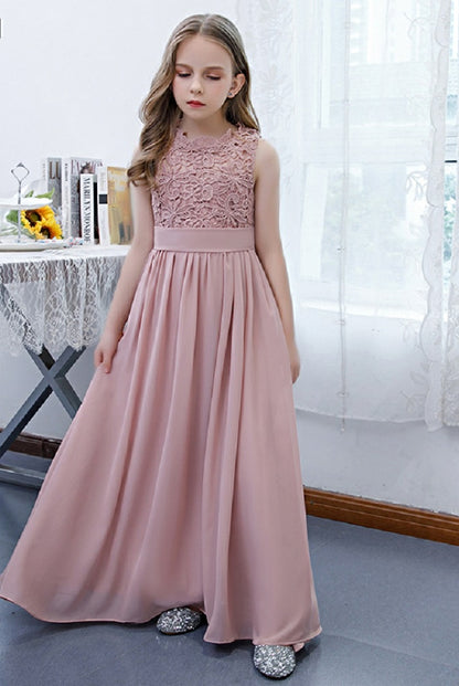 Girls' Formal Dress Exquisite A Line Sleeveless Lace Chiffon Girls Birthday Gown Long Hot Sale Junior Bridesmaid Dress