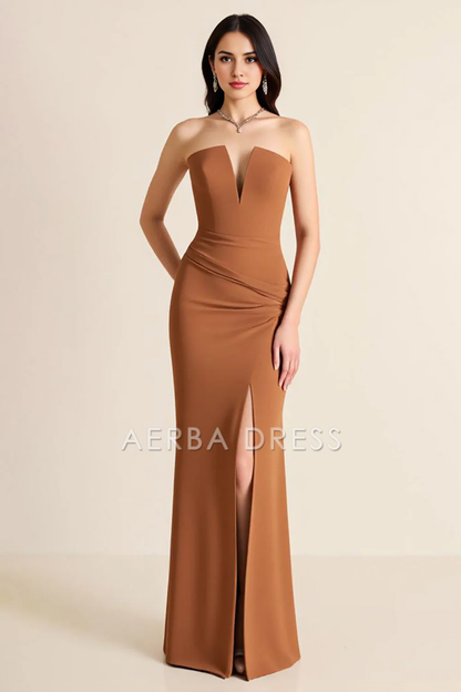 AERBA DRESS Formal Wear Dresses Sheath Strapless Pleated Side Fork Fashion Long Prom Dress