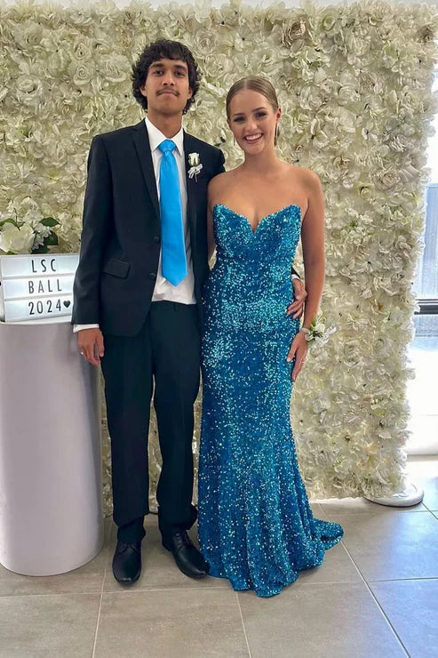 AerbaDress Fashion Mermaid Sequins Long Prom Dresses Strapless Blue Evening Dress