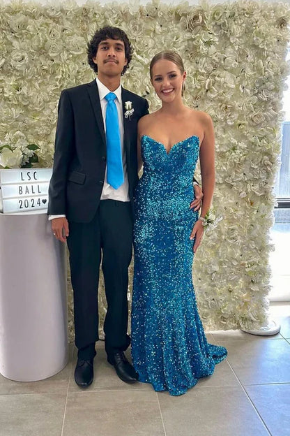 AerbaDress Mermaid Evening Dress Strapless Blue Sequins Long Prom Dresses
