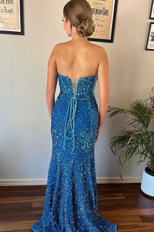 AerbaDress Mermaid Evening Dress Strapless Blue Sequins Long Prom Dresses