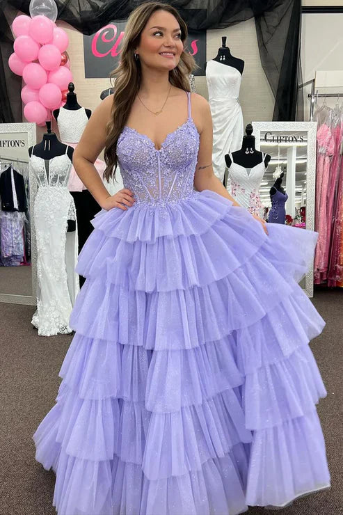 AerbaDress A-Line Evening Dress Ruffle Tiered Tulle Long Prom Dresses with Appliques