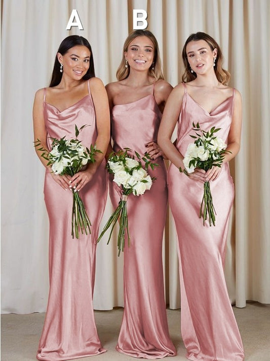 Sheath/Column Silk like Satin Ruched Spaghetti Straps Sleeveless Sweep/Brush Train Bridesmaid Dresses