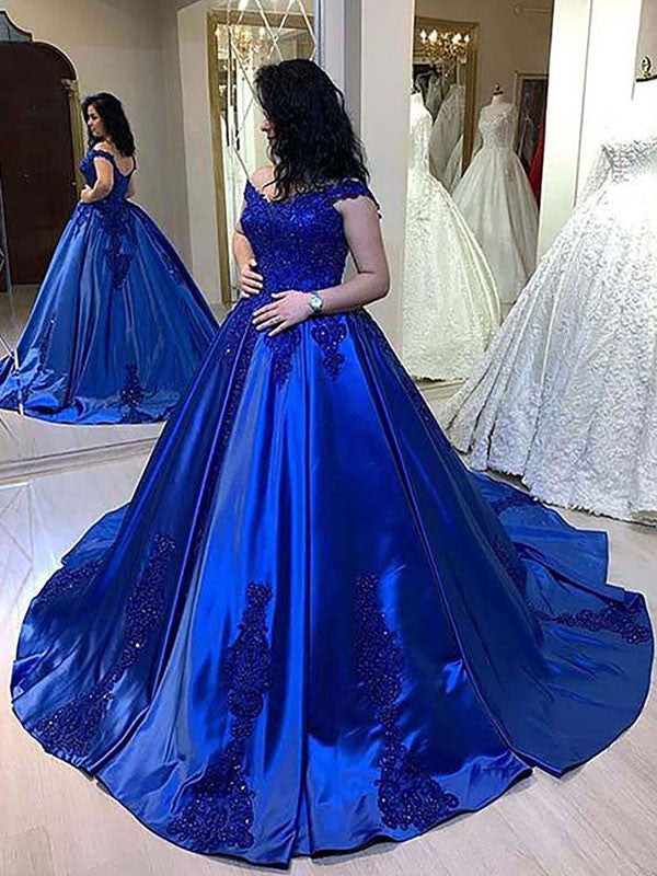 Ball Gown Satin Applique Straps Sleeveless Court Train Dresses