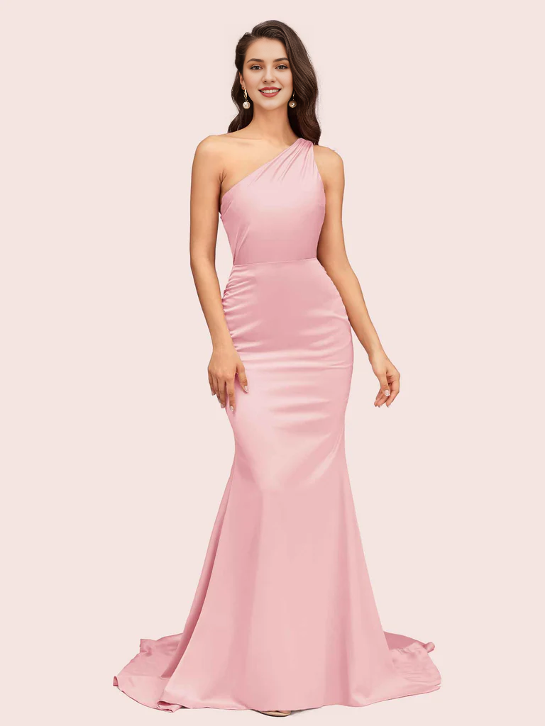 AerbaDress One Shoulder Mermaid Bridesmaid Dresses Soft Satin Online Elegant