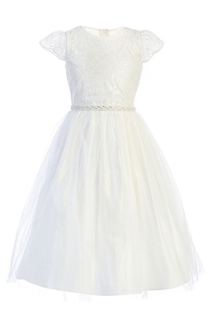 AERBA DRESS Wedding Flower Girl Dresses A Line Cap Sleeves Corded lace with sequin accents Beaded waistline Tulle Princess Dress