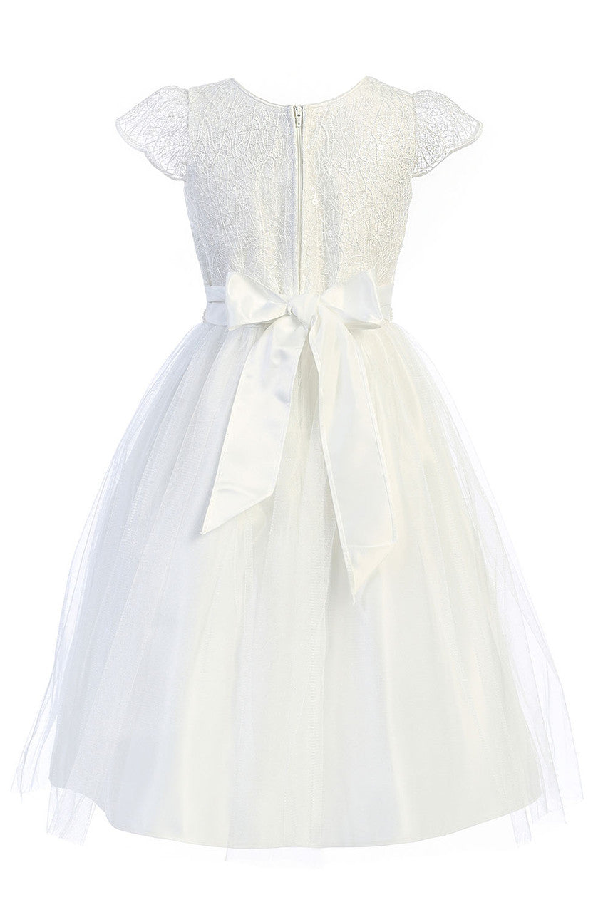 AERBA DRESS Wedding Flower Girl Dresses A Line Cap Sleeves Corded lace with sequin accents Beaded waistline Tulle Princess Dress