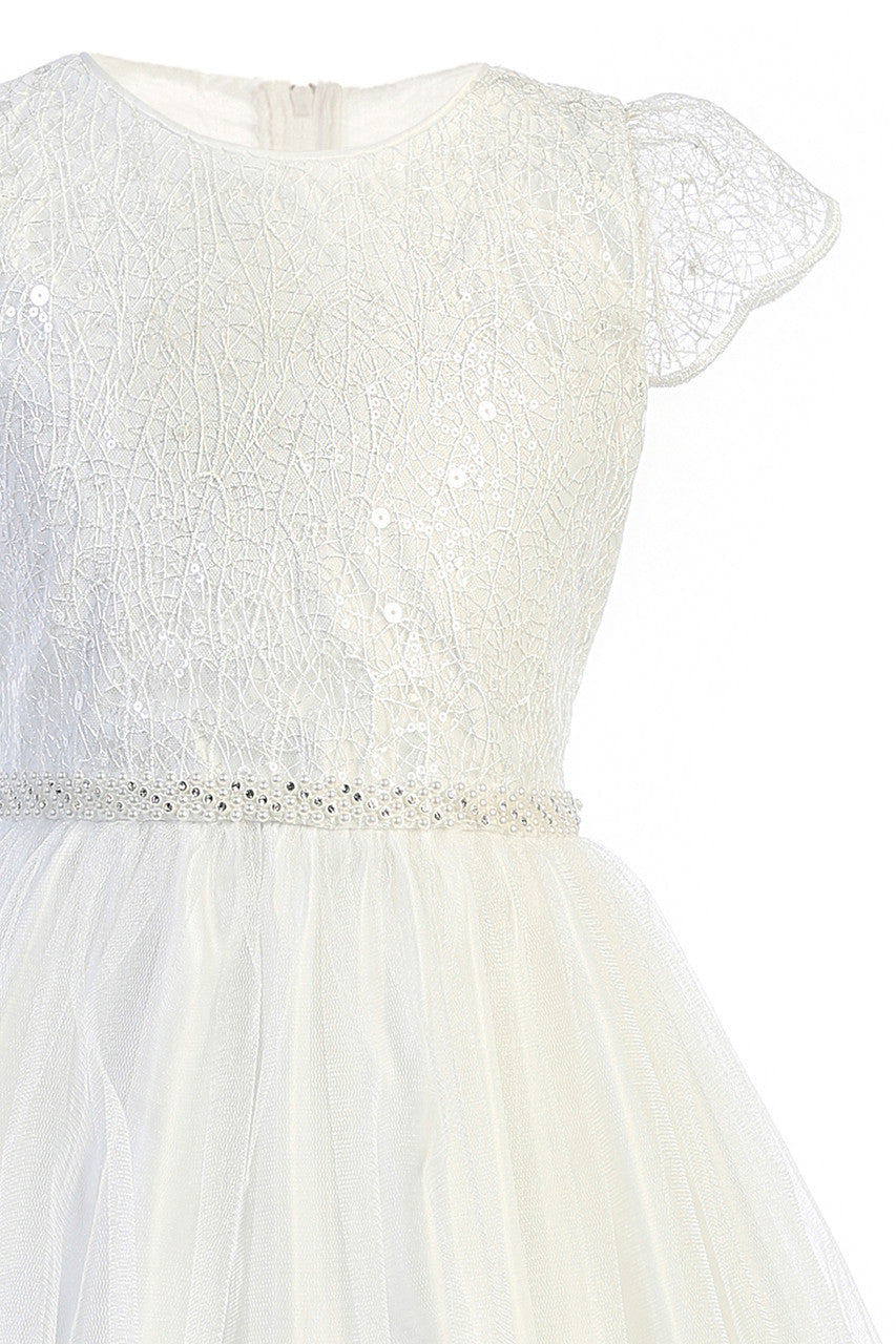 AERBA DRESS Wedding Flower Girl Dresses A Line Cap Sleeves Corded lace with sequin accents Beaded waistline Tulle Princess Dress