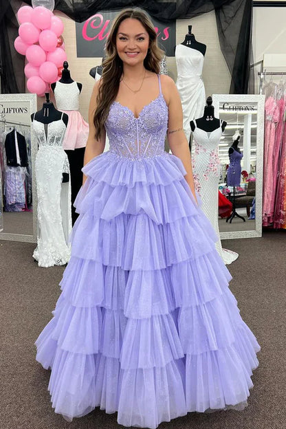AerbaDress A-Line Evening Dress Ruffle Tiered Tulle Long Prom Dresses with Appliques