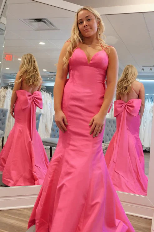 AerbaDress Elegant Pink V Neck Satin Mermaid Long Prom Dresses Fashion Evening Dress